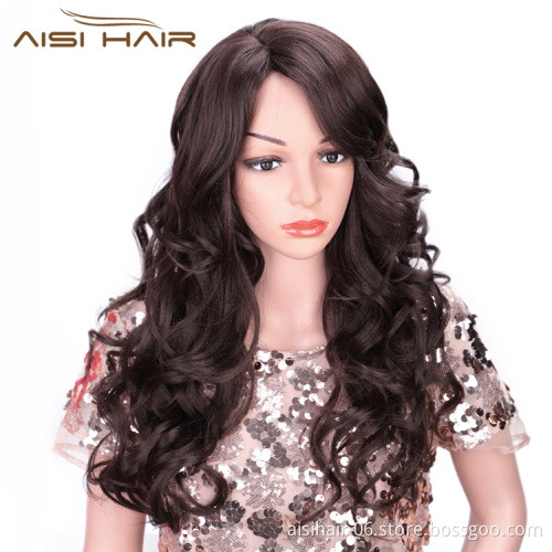 Aisi Hair Long Wavy Brown Synthetic Wig Heat Resistant Hair Body Wave Wig For Black White Women Fashion Cosplay Party Wigs